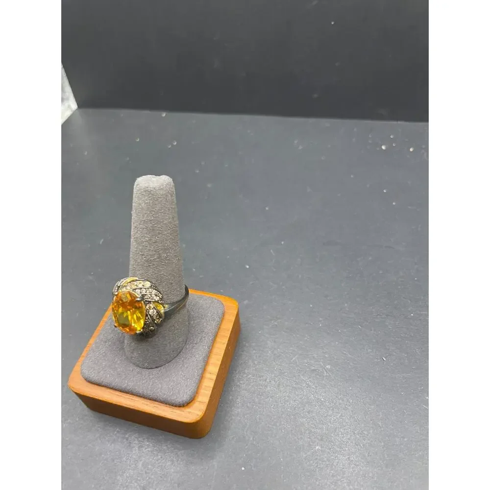 ADI Signed 925 Sterling Silver Yellow Citrine CZ Solitaire Ring Statement